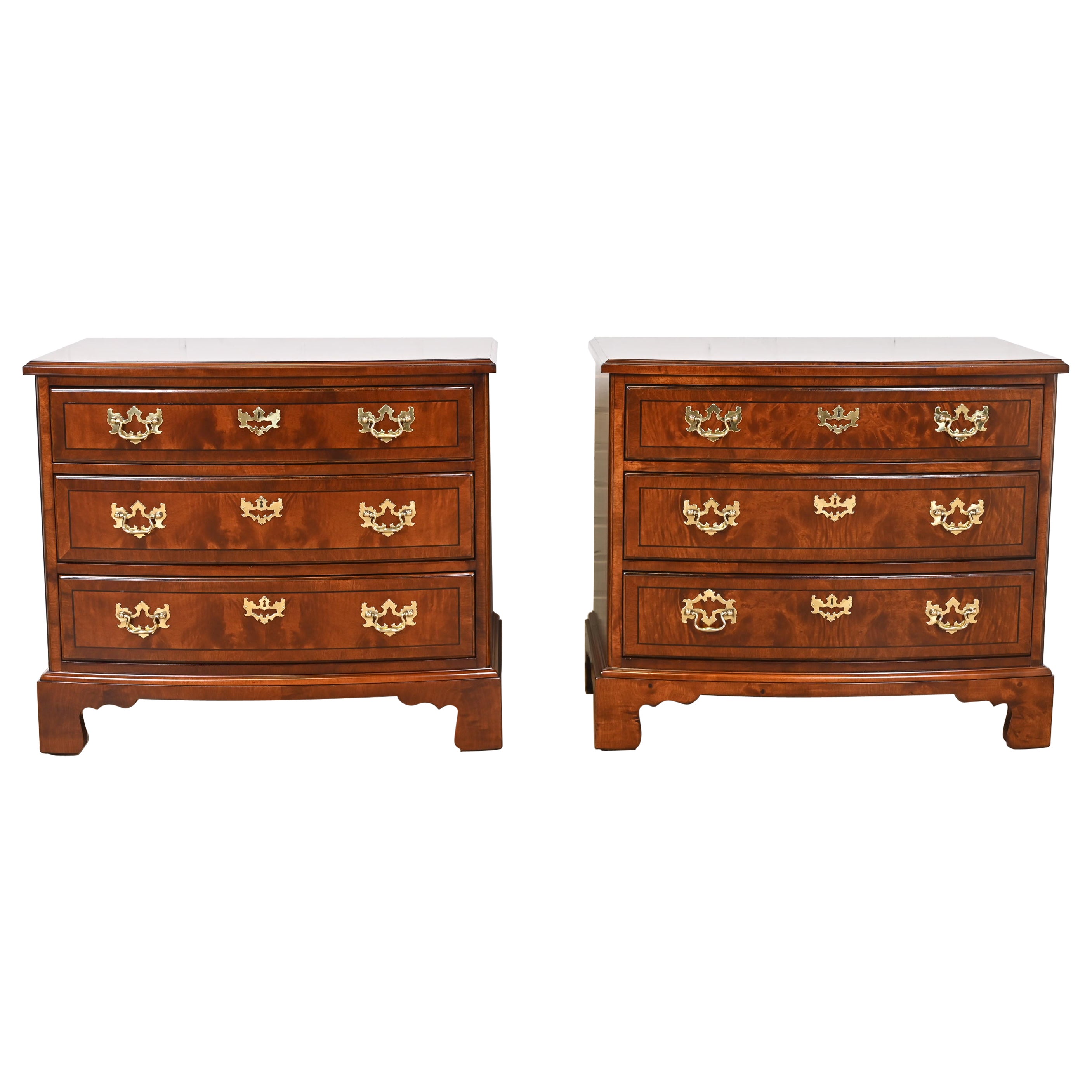 Henredon Mahogany and Burl Wood Bow Front Bedside Chests