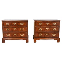 Henredon Georgian Mahogany and Burl Wood Bow Front Bedside Chests, Refinished