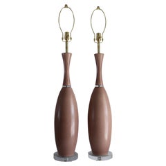 Pair of Mauve Ceramic and Lucite Table Lamps