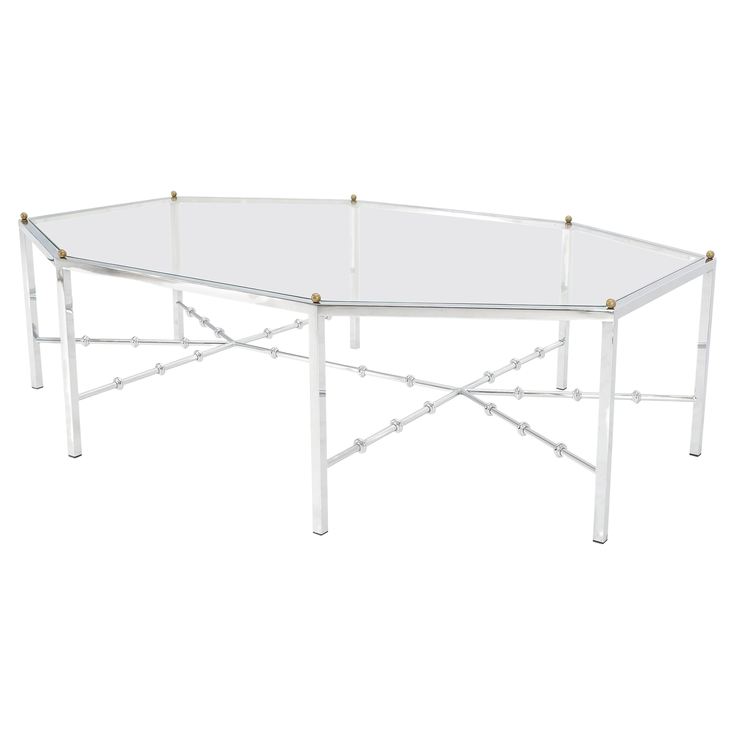 Faux Bamboo Chrome Glass Top Brass Balls Finials Elongated Hexagon Coffee Table For Sale