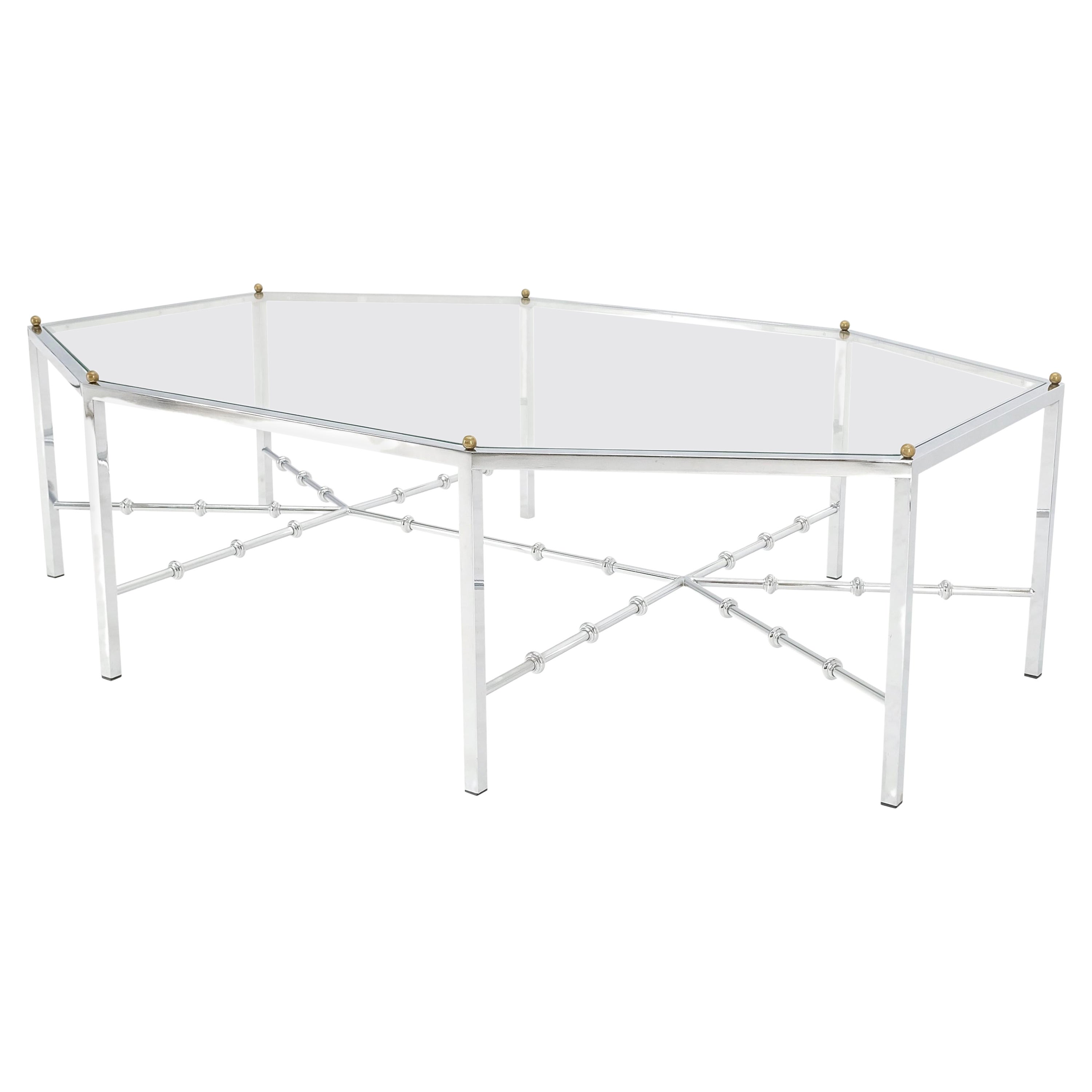 Faux Bambou Chrome Glass Top Brass Balls Finials Elongated Hexagon Coffee Table