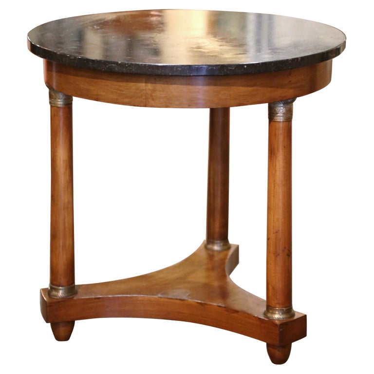 19th Century Empire Marble Top Carved Walnut Side Table with Bronze