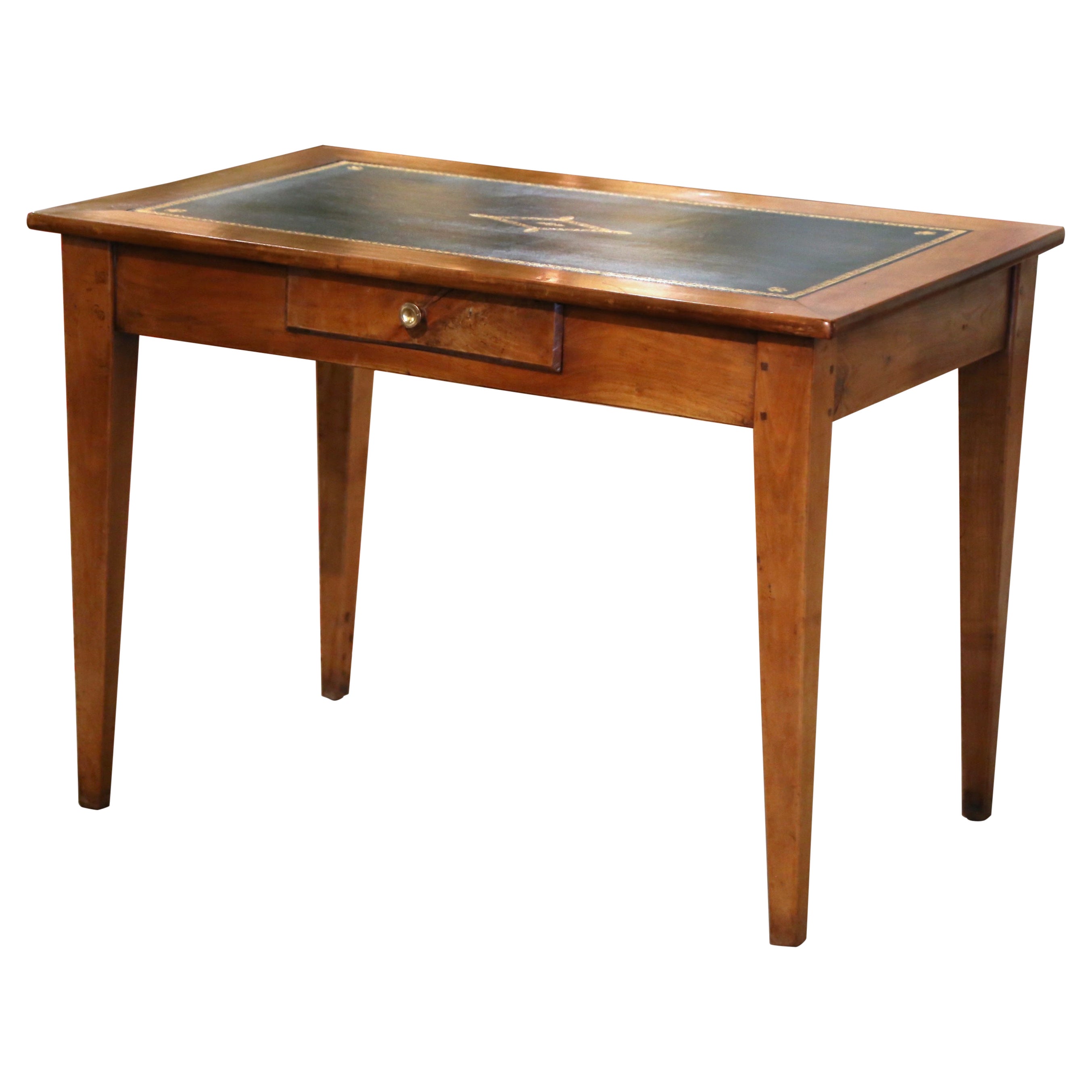 Mid-19th Century French Louis Philippe Leather Top Carved Cherry Side Table For Sale