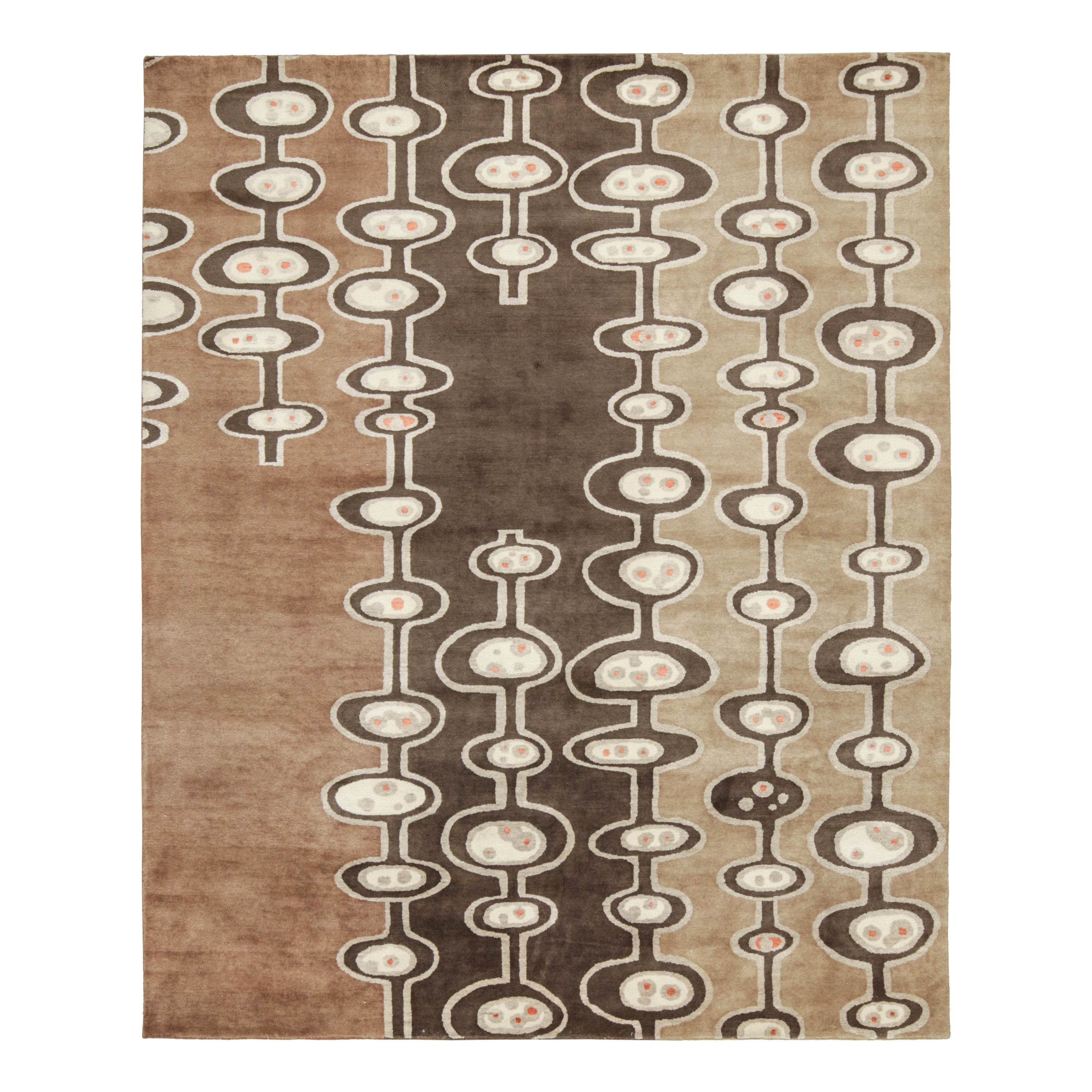 Rug & Kilim's Mid-Century Modern Style Teppich in Braun und Silber Geometrisches Muster im Angebot