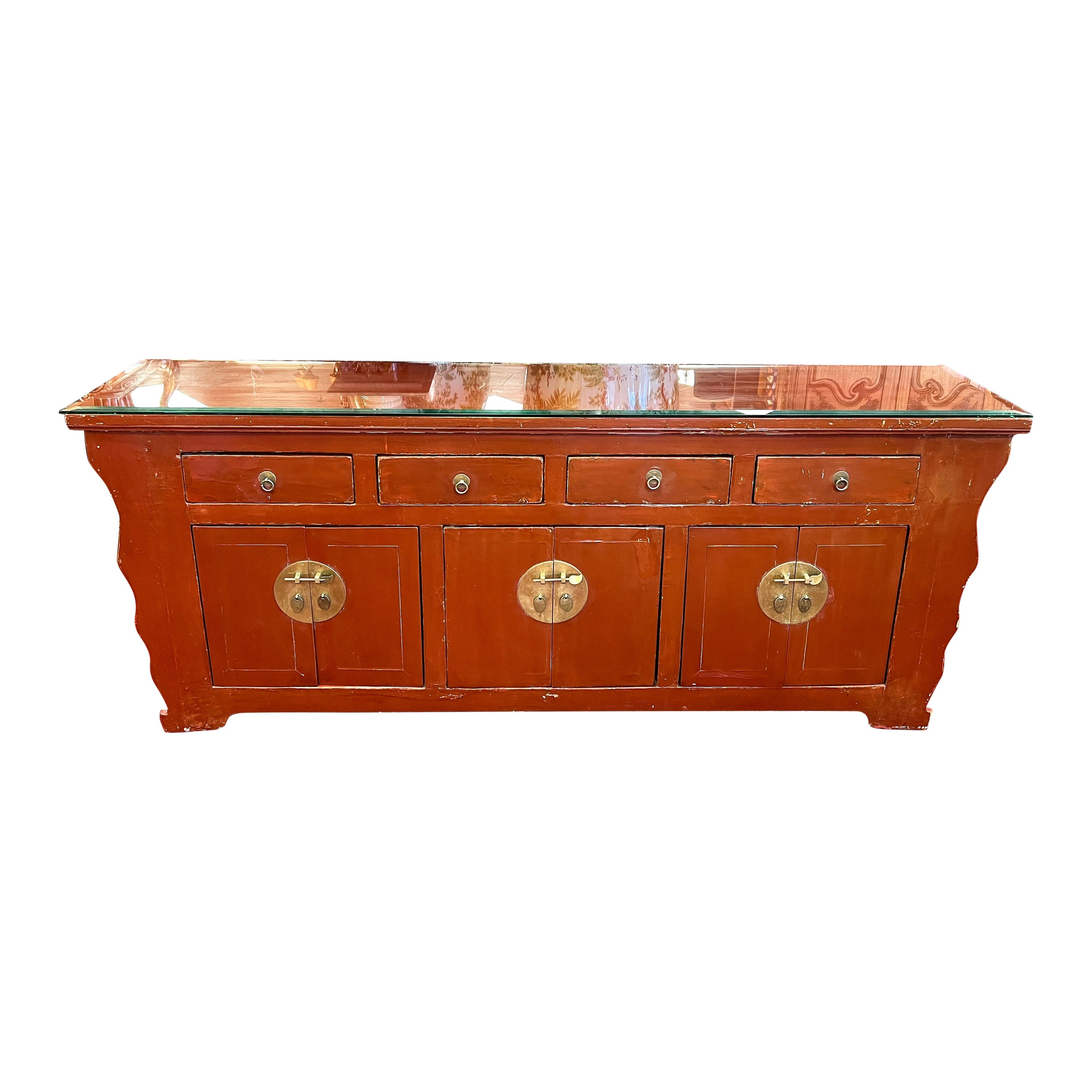 Late 19th Century Red Lacquered Asian Style Credenza with Glass Top For Sale