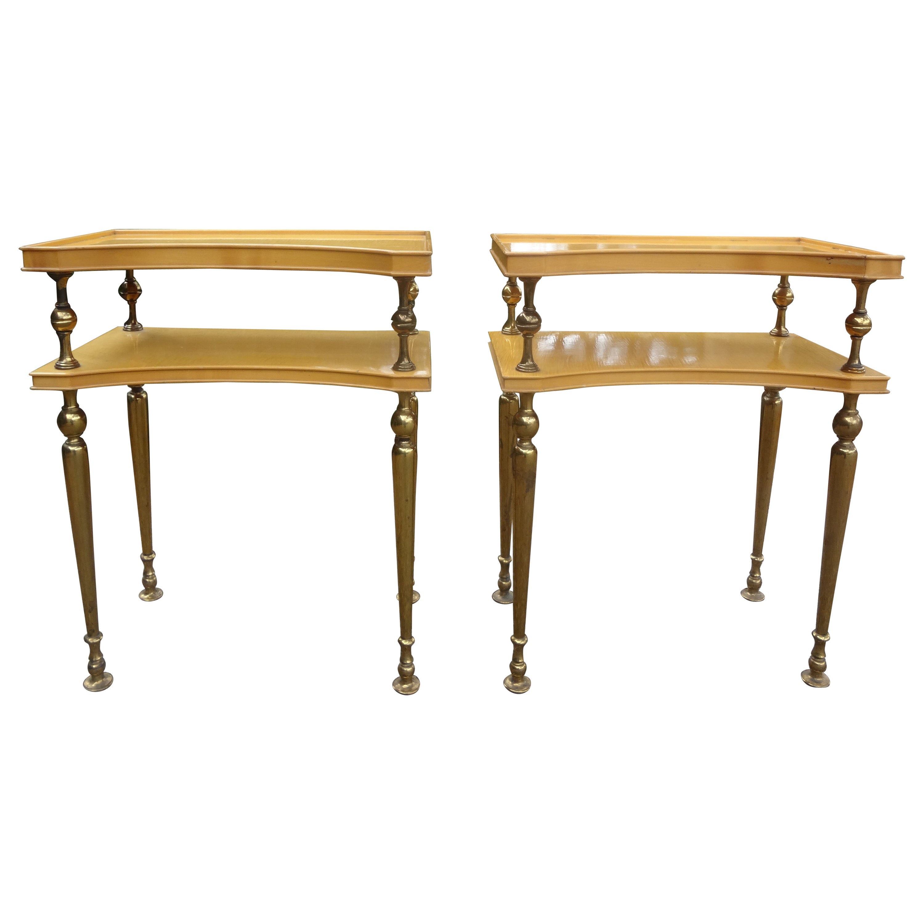 Pair of French Brass and Fruitwood Tables Inspired by Jacques Adnet
