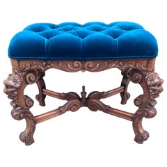 Antique Gothic Griffin Carved Ottoman Newly Upholstered in Blue Velvet