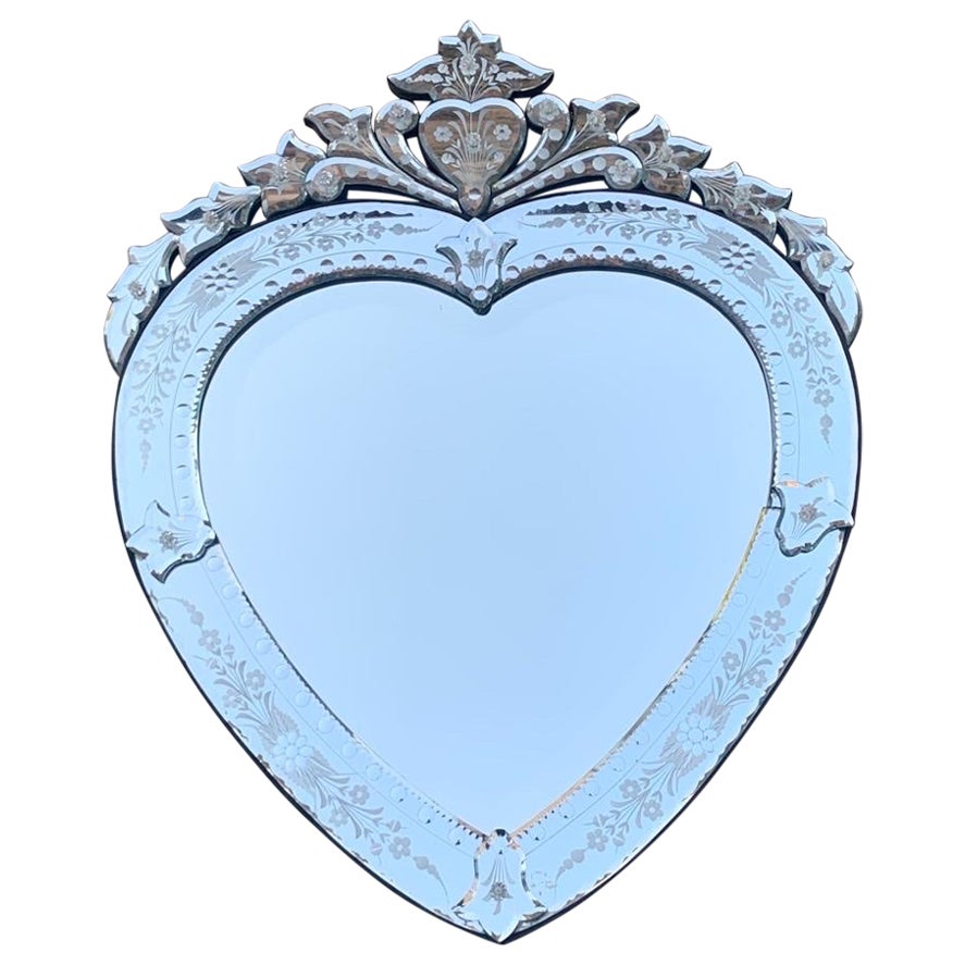 Vintage Mid Century Etched Venetian Glass Heart Mirror