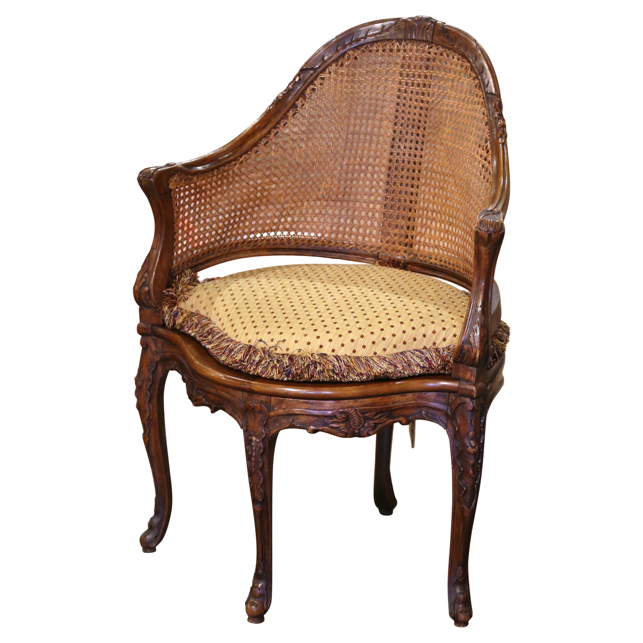 19th Century French Louis XV Carved Walnut and Cane Desk Armchair with Cushion For Sale