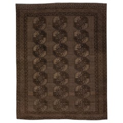 1930s Retro Turkmen Handmade Persian Wool Rug with Geometric Pattern in Brown