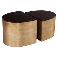 Modern Curved Macassar Cocktail Accent Tables in Antiqued Silver Leaf