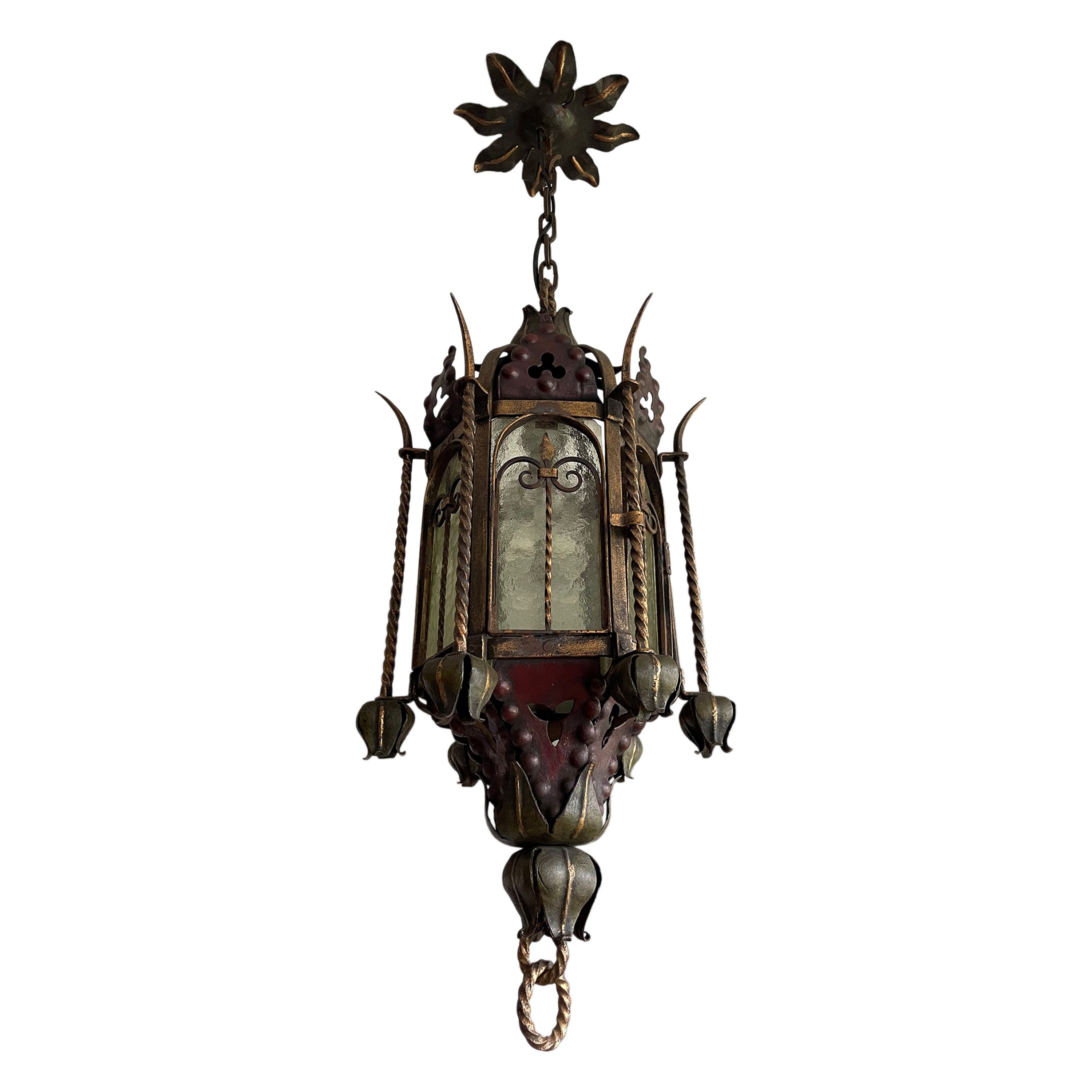 Antique & Good Size Gothic Revival Wrought Iron & Cathedral Glass Lantern 1910s