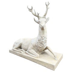 Monumental French Recumbent Garden Stag in Cast Stone