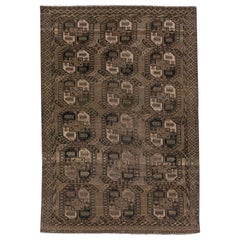 Geometric Handmade Vintage Turkmen Persian Wool Rug with Brown Field
