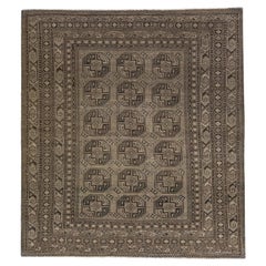 Gray Antique Persian Turkmen Handmade Wool Rug with Geometric Design