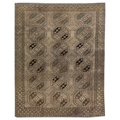 Vintage Handmade Persian Turkmen Wool Rug with Geometric Motif in Light Brown 