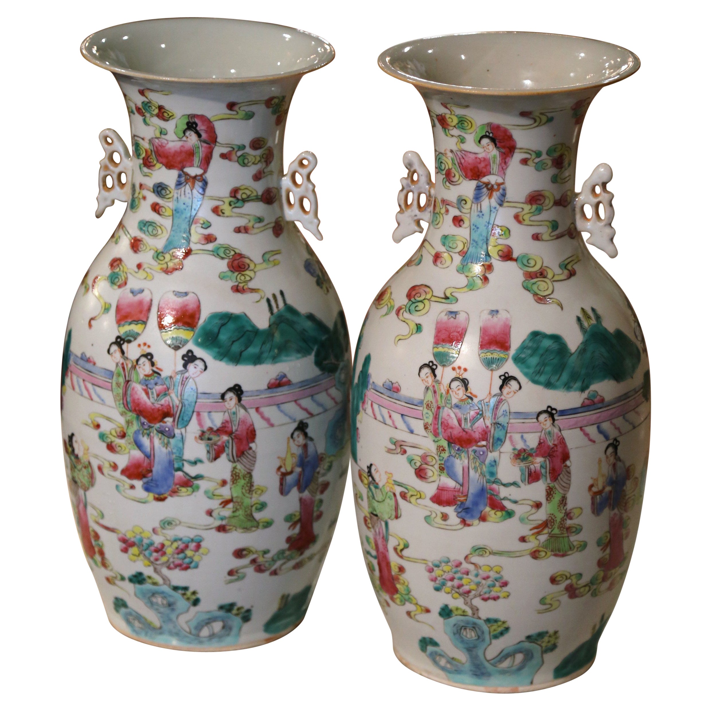 Pair of Mid-Century Chinese Polychrome Porcelain Vases