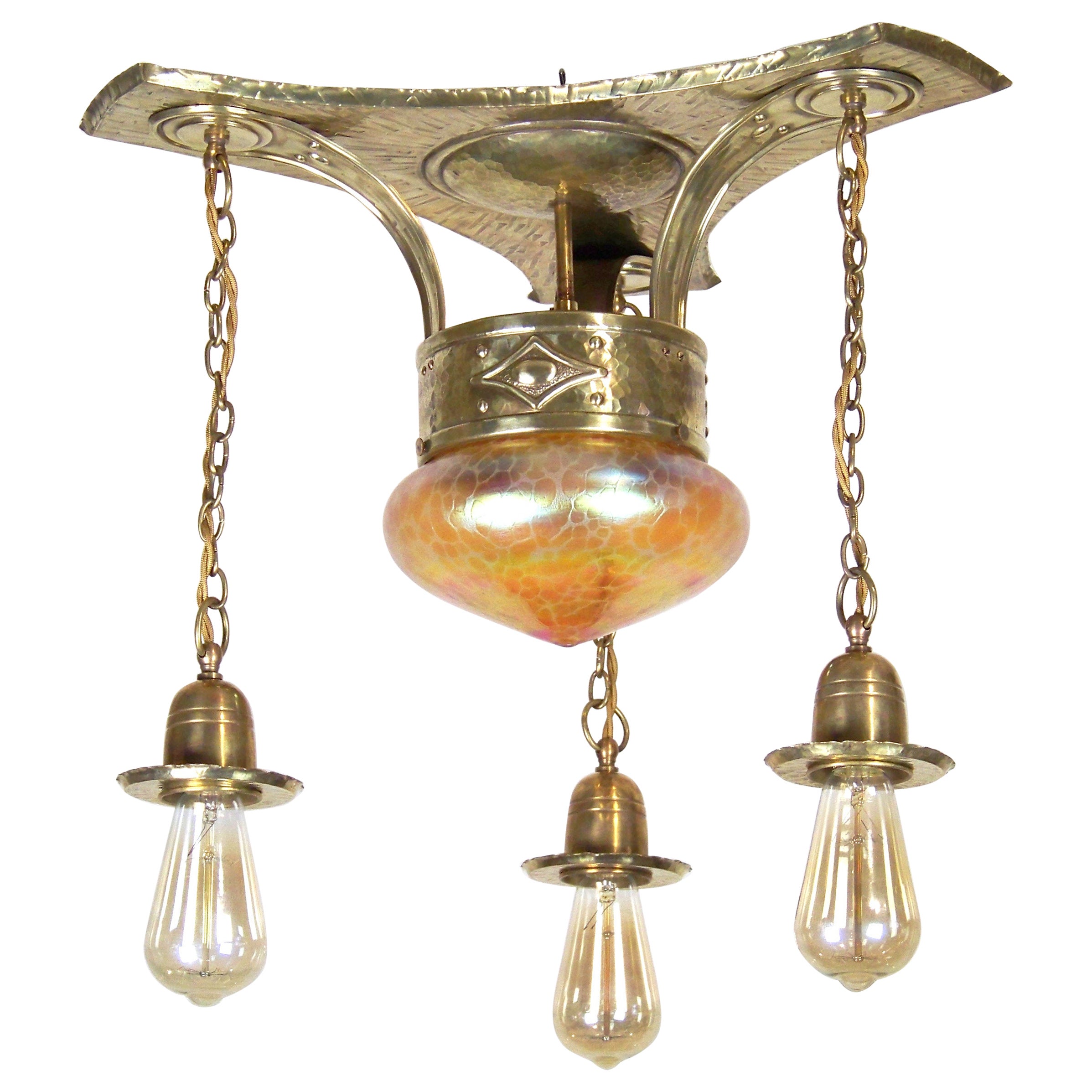 Art Nouveau Chandelier, Ceiling Lamp, with Iridescent Glass, Loetz For Sale