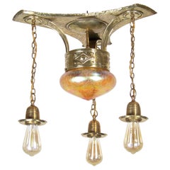Art Nouveau Chandelier, Ceiling Lamp, with Iridescent Glass, Loetz