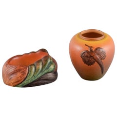 Antique Ipsens Denmark, Pipe Holder and Vase in Hand-Painted Glazed Ceramic