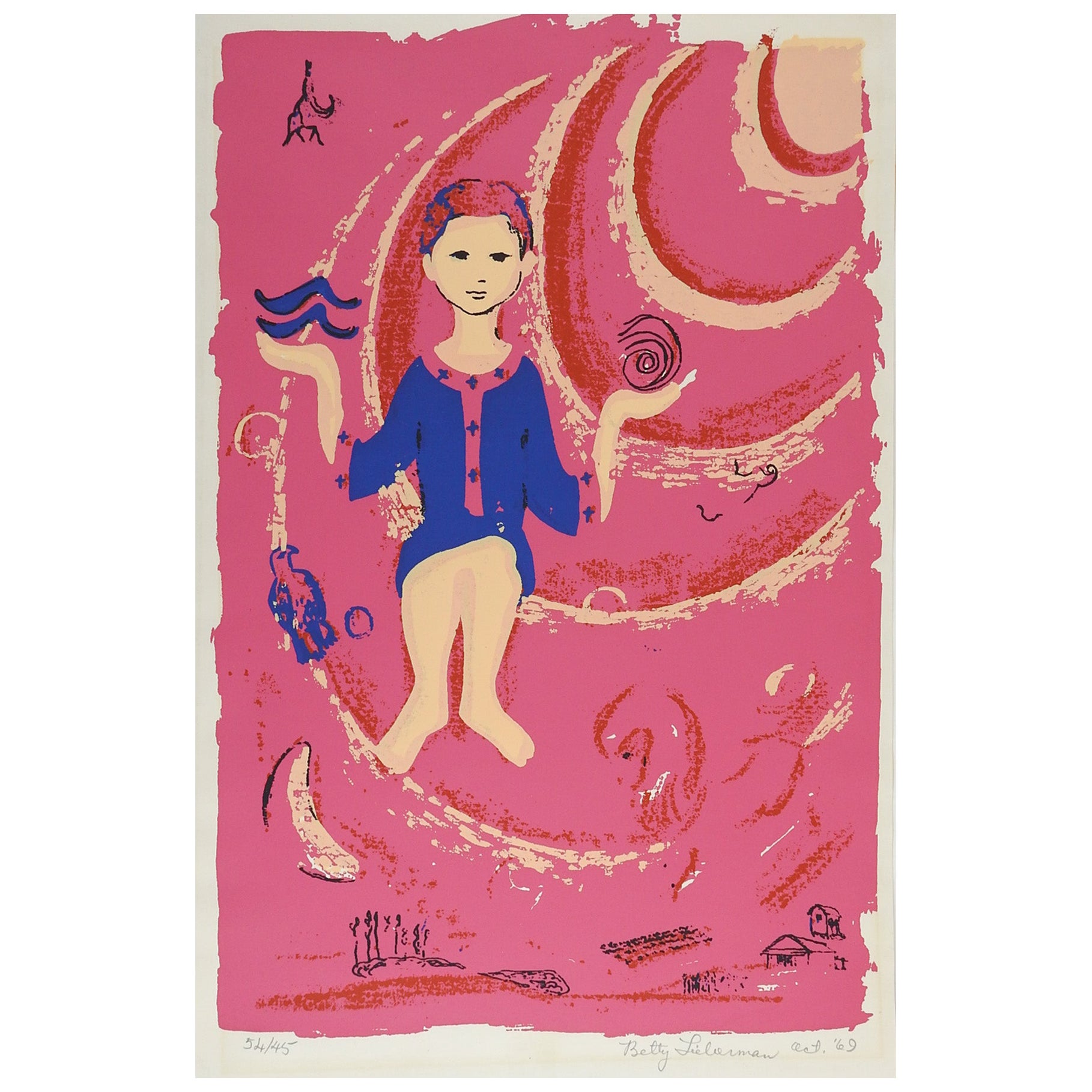 Surreale rosa & blaue Serigraphie aus den 1960er Jahren