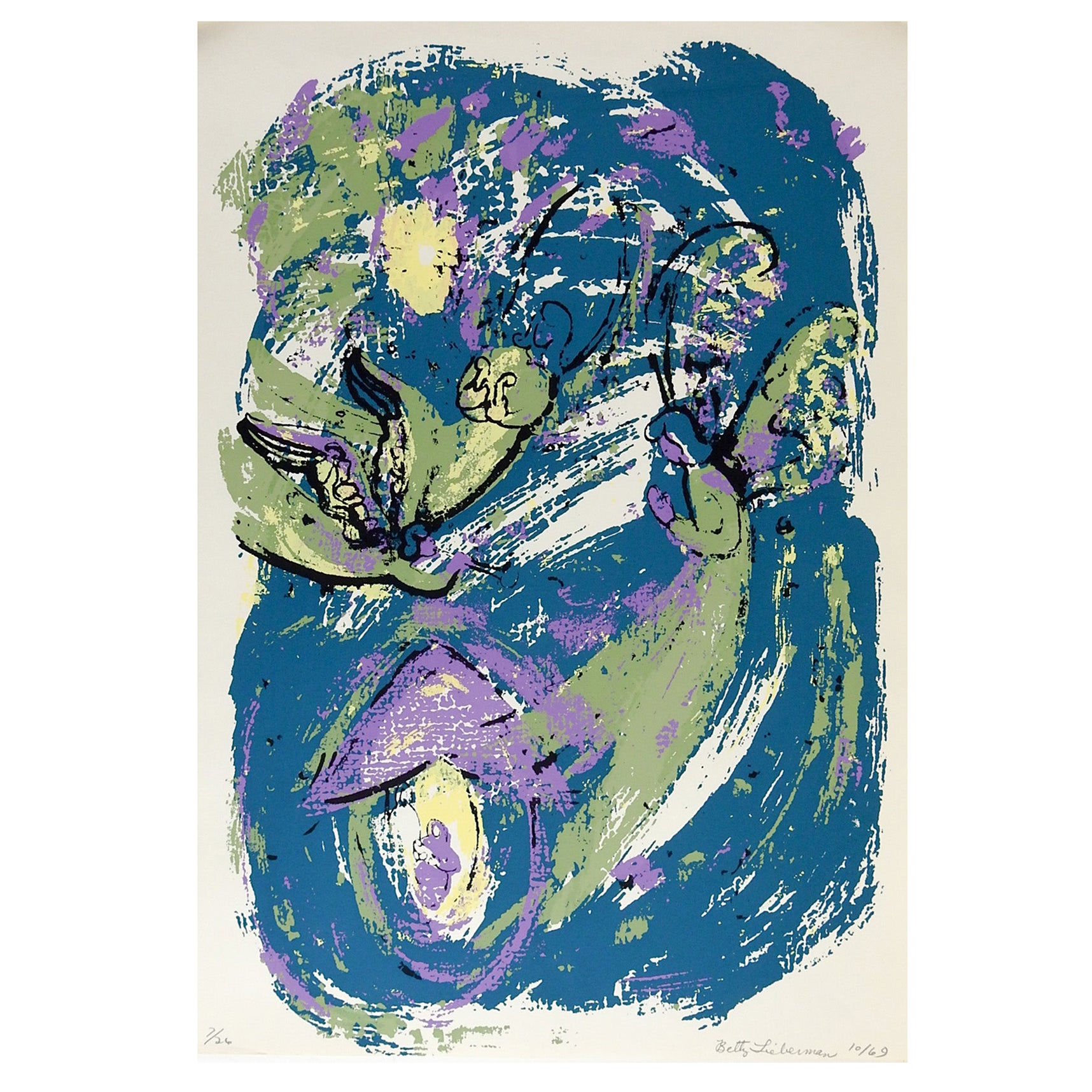 Abstract Angels Teal, Green & Purple Serigraph For Sale