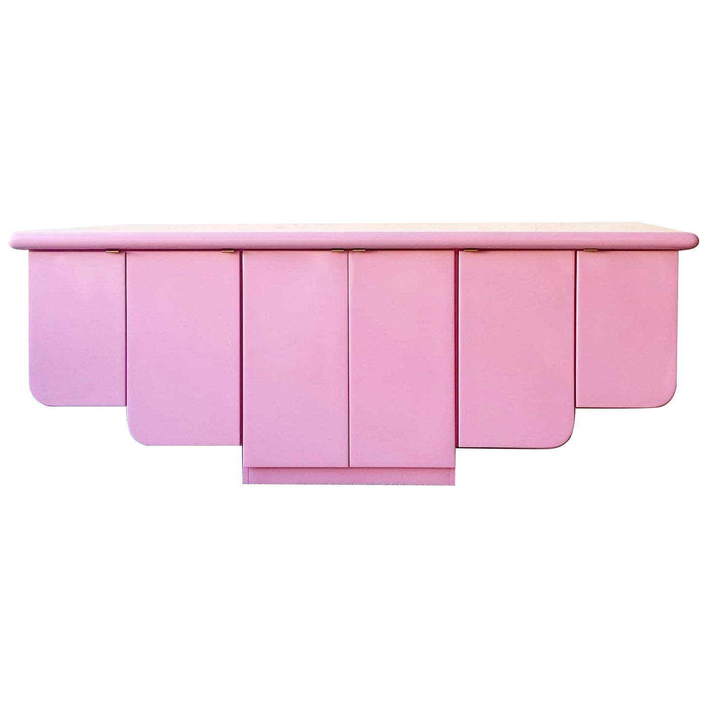 Postmodern Pink Lacquered Tiered Floating Credenza with Gold Handles