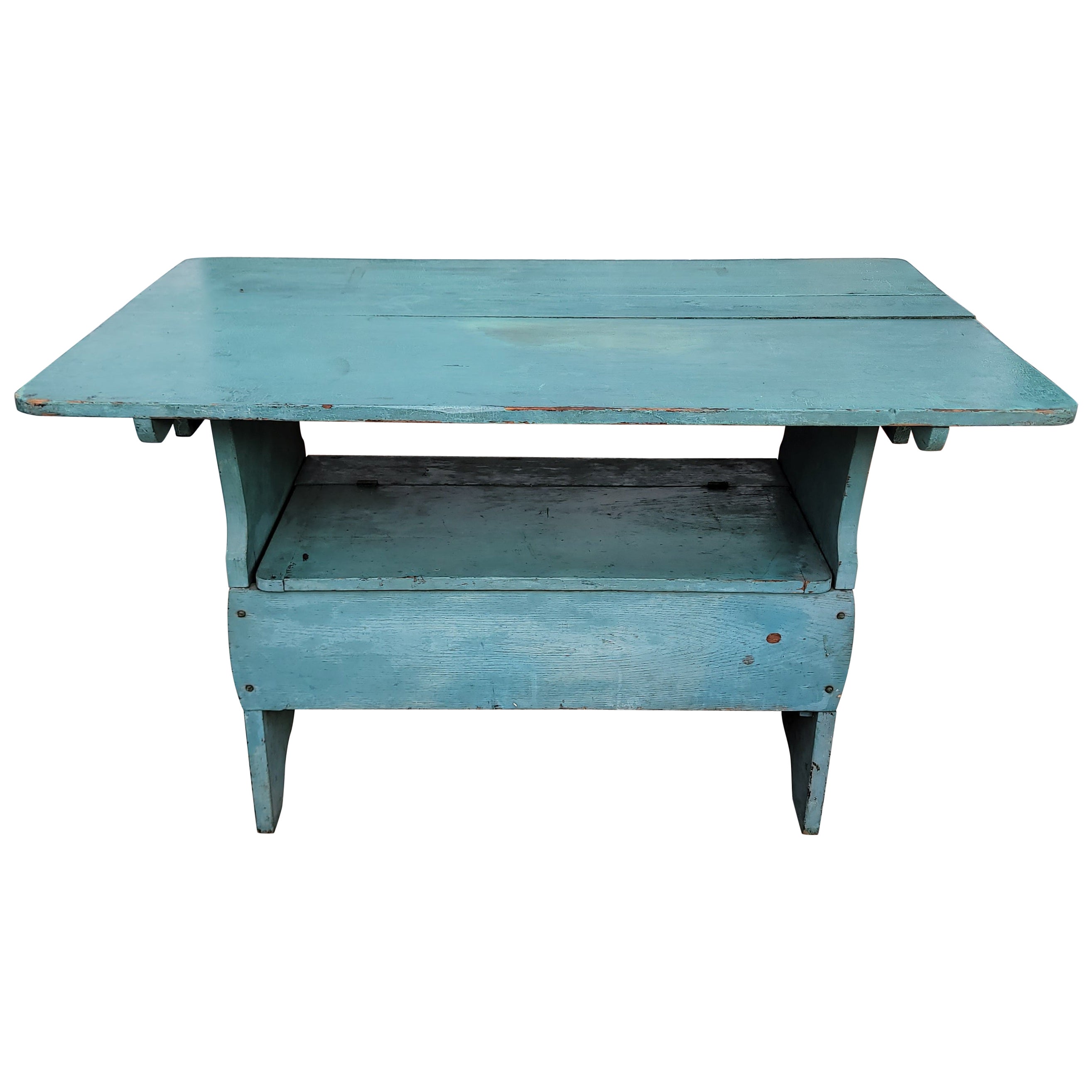 19Thc Original Powder Blue Hutch Table / Bench For Sale