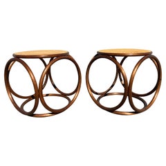 Pair of Stools Ottomans, Side Tables Cane and Bentwood Brown
