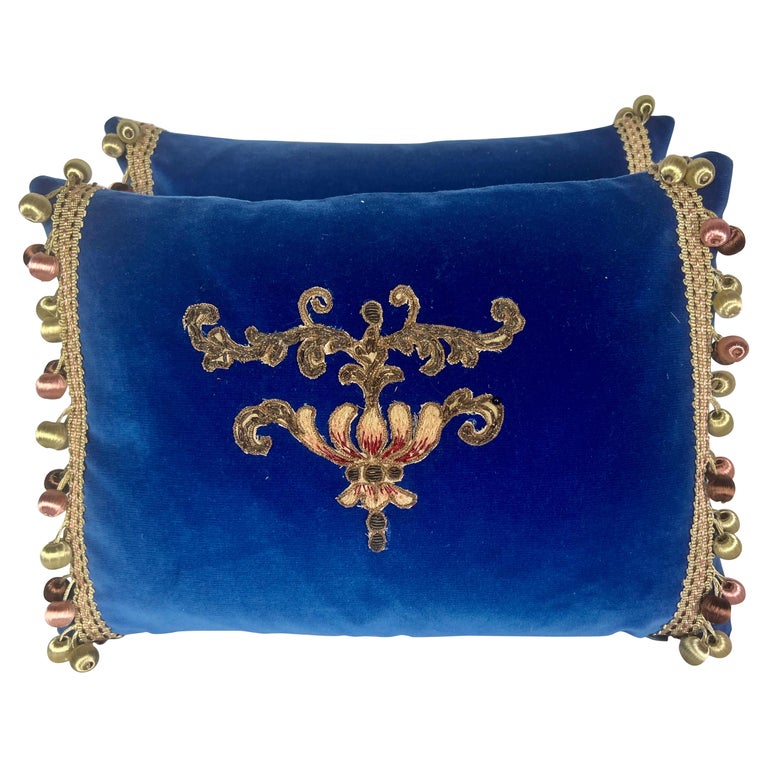 Blue Velvet Appliqué Accent Piilows by Melissa Levinson For Sale at 1stDibs
