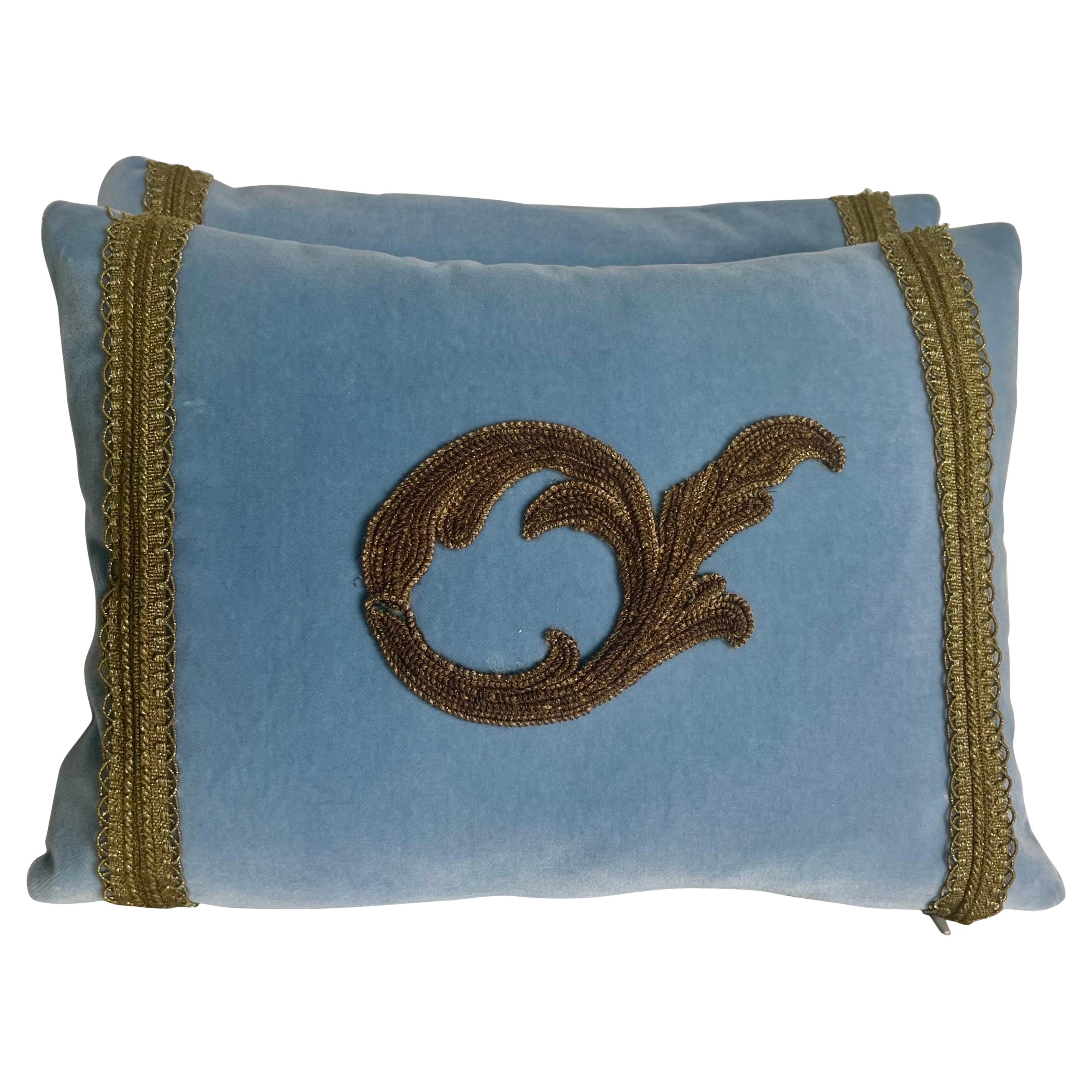 Pair of Custom Appliqué Blue & Gold Pillows by MLA