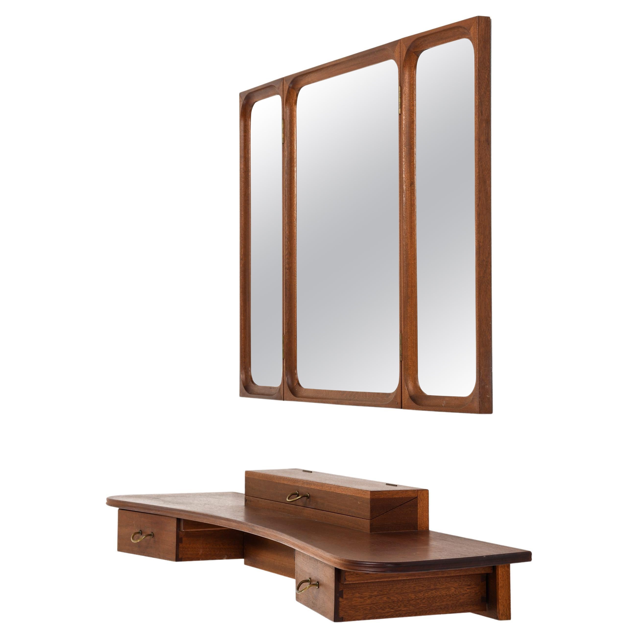 Set of Vanity with Mirror in Mahogany and Brass by Frode Holm, 1950s For Sale