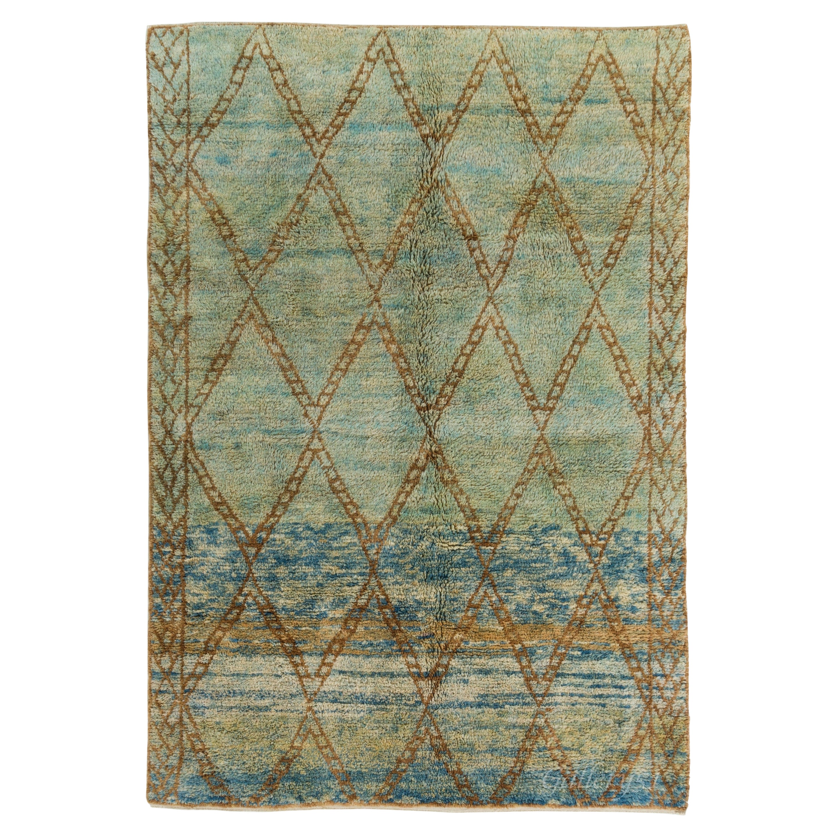 7x10 Ft Modern Moroccan Berber Wool Rug. Hand-knotted in Green, Blue & Brown For Sale
