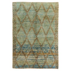 7x10 Ft Modern Moroccan Berber Wool Rug. Hand-knotted in Green, Blue & Brown