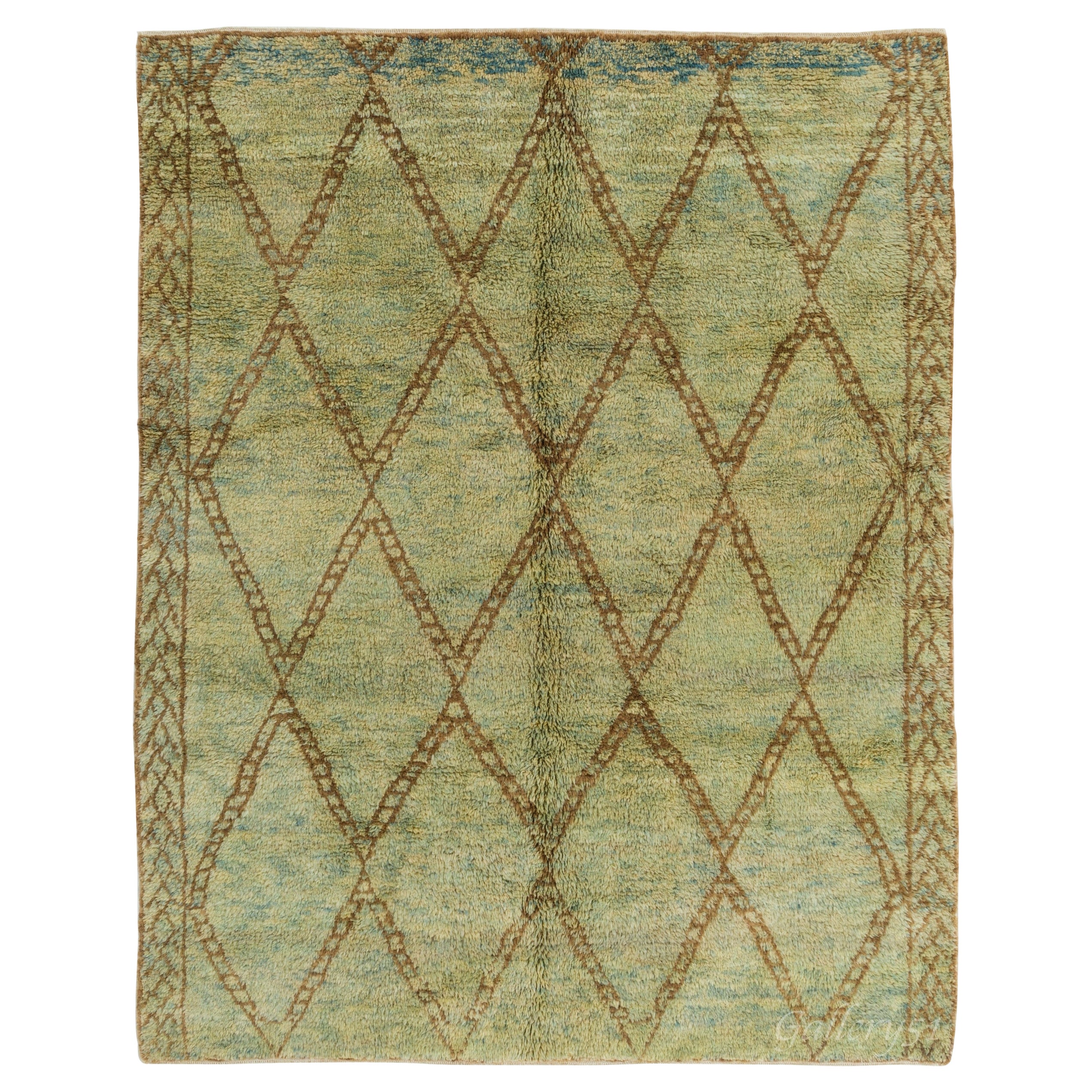 Modern Handmade Wool Moroccan Berber Rug in Sage Green, Blue, Brown. Custom Ops.