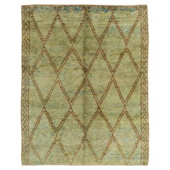 Modern Handmade Wool Moroccan Berber Rug in Sage Green, Blue, Brown. Custom Ops.