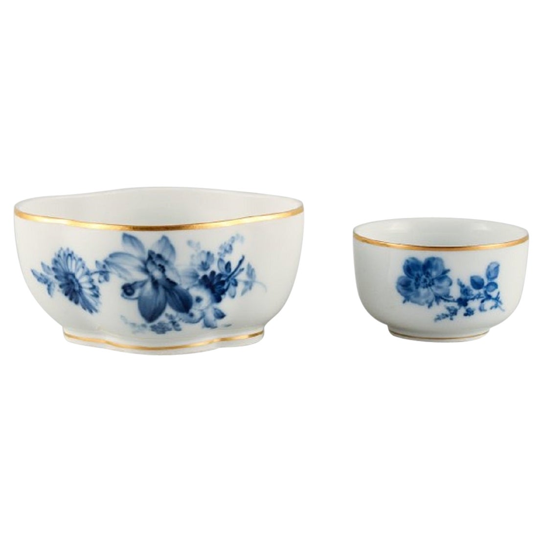 Meissen, Two Bowls Hand-Painted with Blue Flowers and Gold Rim, Late 19th C
