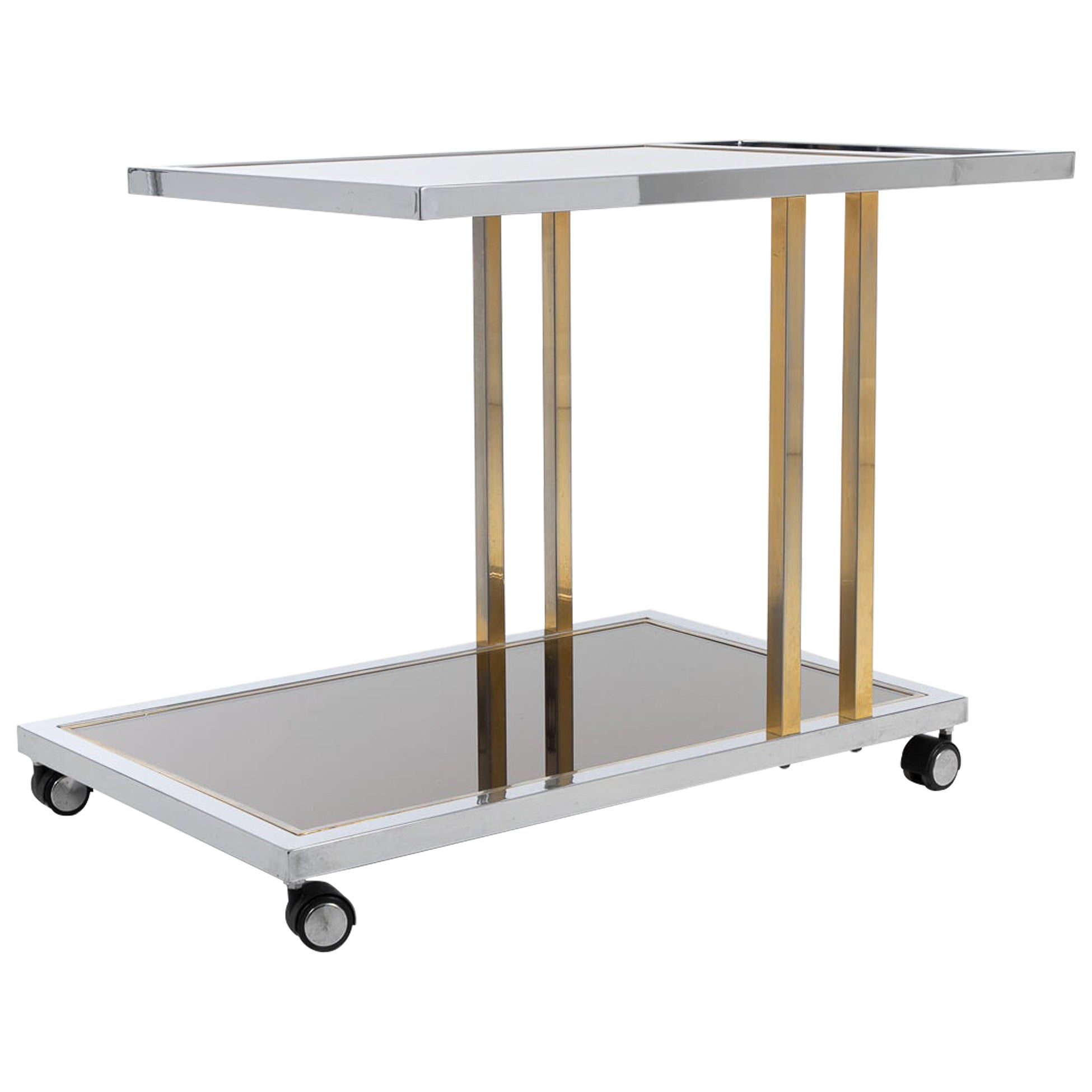 Drinks Trolley in Gilded Brass with Chrome Fittings Designed by Romeo Rega  For Sale