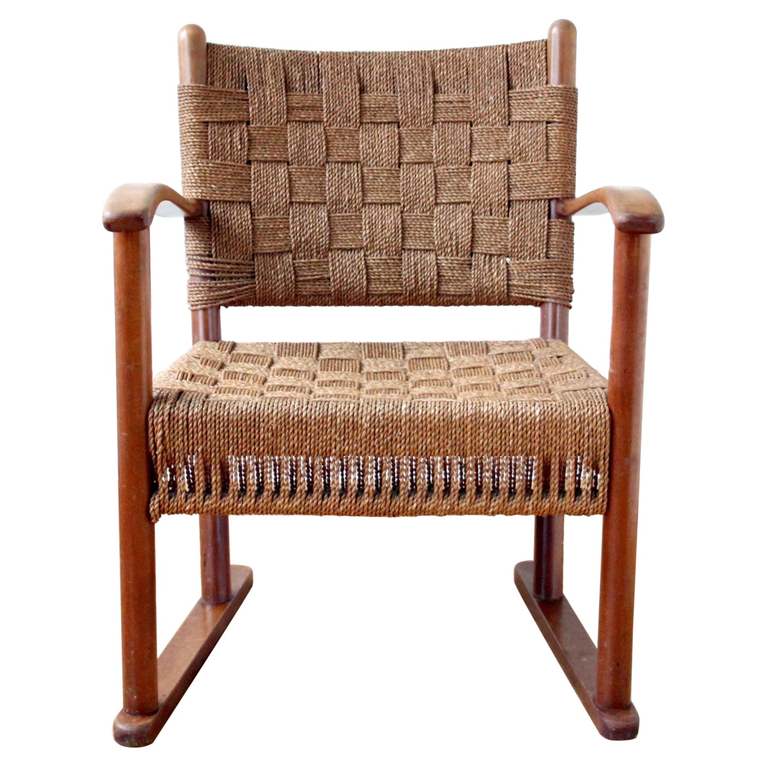 Rare Fritz Hansen Lounge Chair, Beech and Woven Seagrass, Denmark, 1940s For Sale