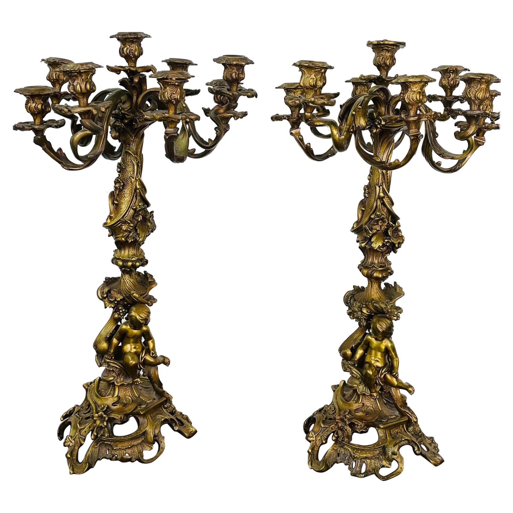 Pair of Louis XVI Style Gilt Bronze Candelabra, Cherub Florentine Form For Sale