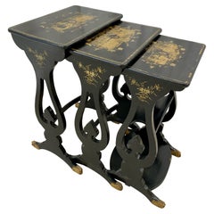 Set Ebonized Chinoiserie Nesting Tables, Stacking Tables, Oriental Motif, 19th
