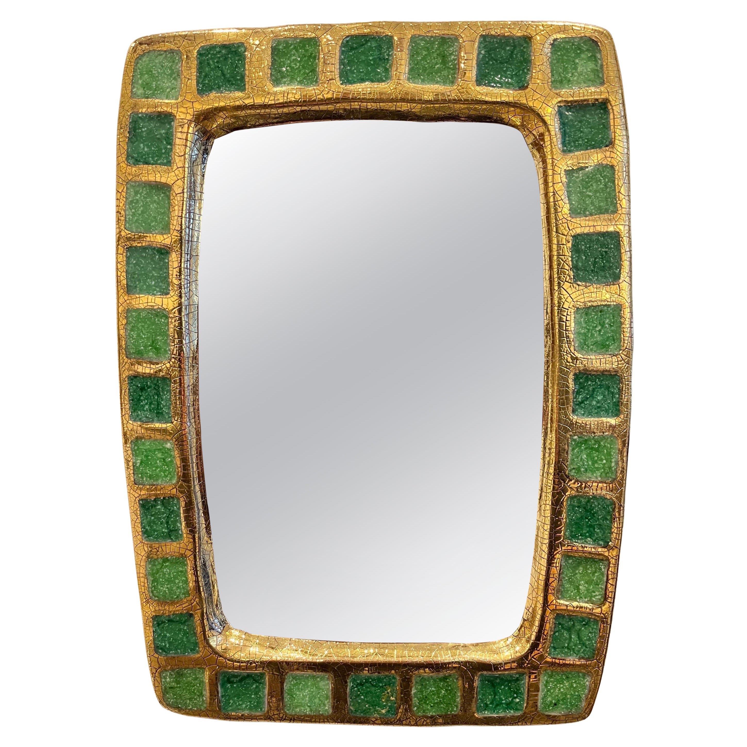 Gilded Green Enameled Ceramic Mirror by Mithé Espelt, 1960s For Sale
