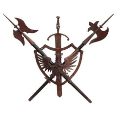 Vintage Shield in Wrought Iron and Wood with Swords, Axes and Eagle, Italy, 1940s