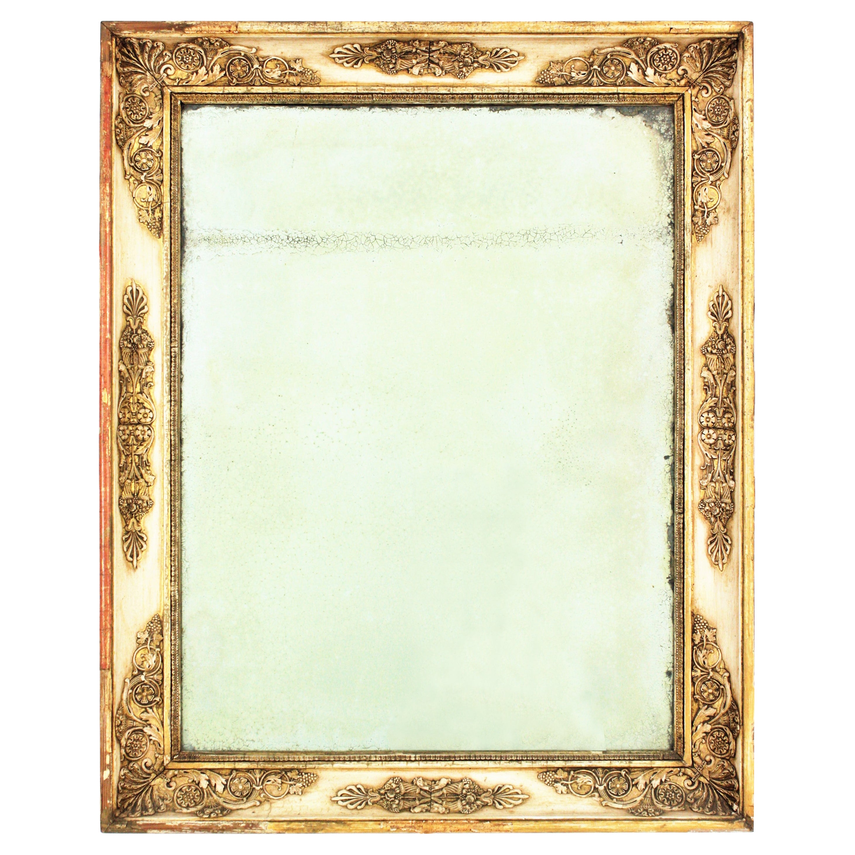 Miroir rectangulaire de style Empire en bois beige et doré