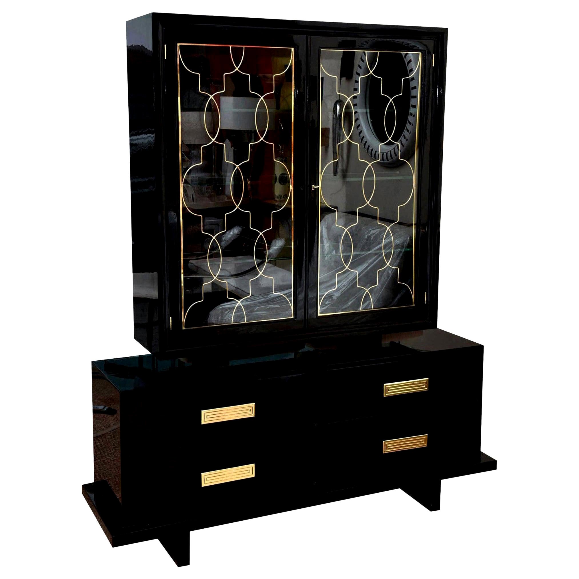 Grosfeld House Vintage Black Lacquered Wood, Brass and Glass Rare Cabinet  For Sale
