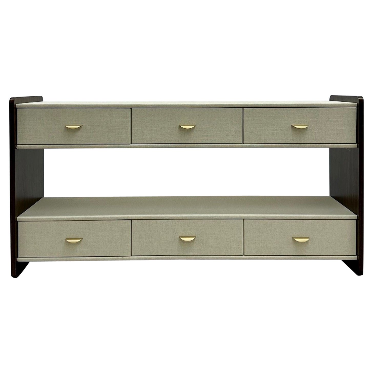 Linen Wrapped Sideboard / Console Table, TV Console, Walnut, Brass, American For Sale
