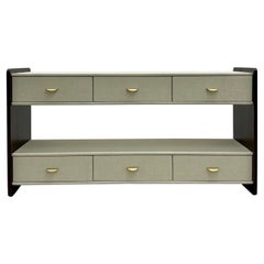 Linen Wrapped Sideboard / Console Table, TV Console, Walnut, Brass, American