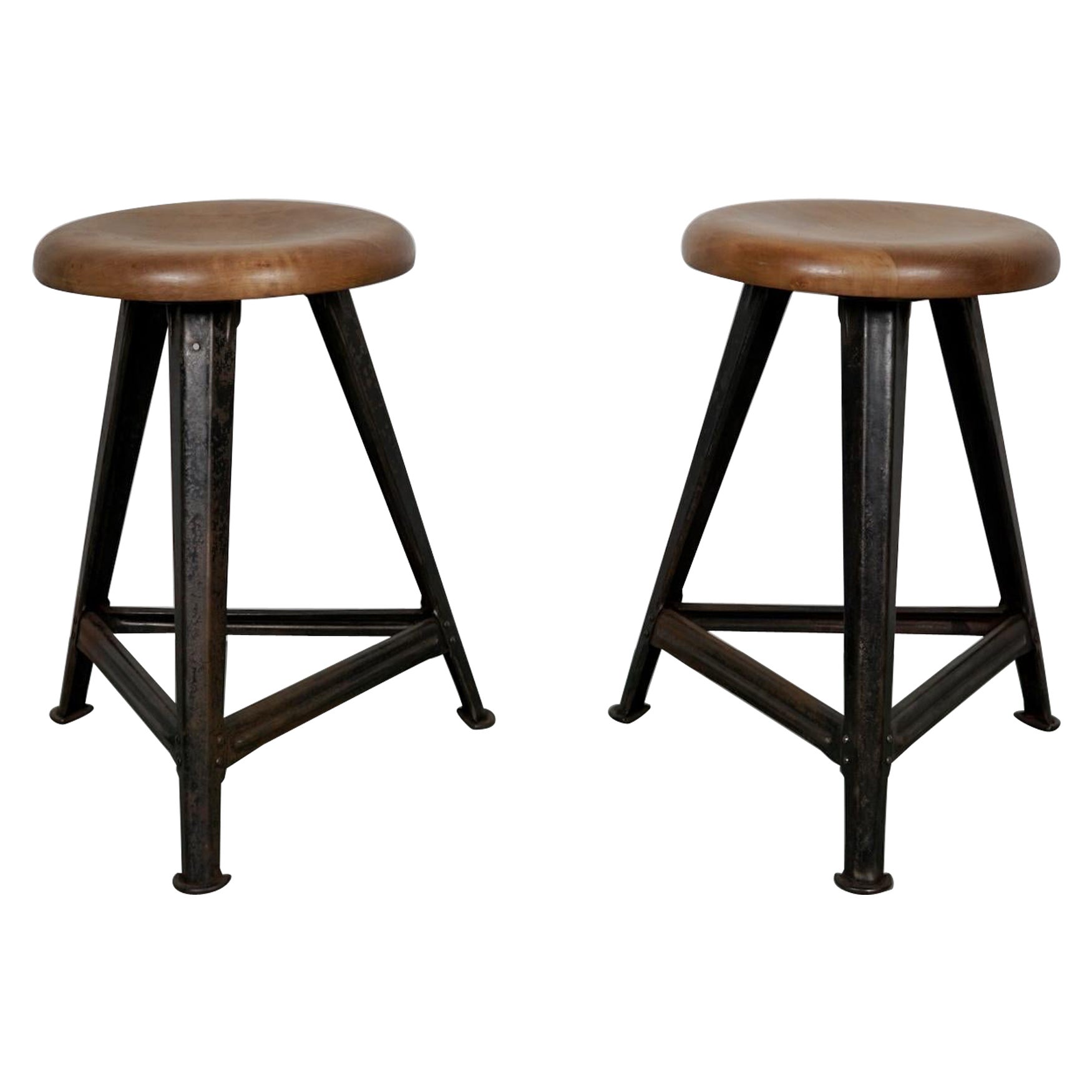 Pair of Industrial Steel Factory Stools by Rowac Robert Wagner Chemnitz, 1930s