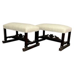 Used Pair of Hand Carved Georgian Style Benches / Footstools / Ottomans, Boucle