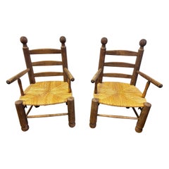 Vintage Oak and Rush Chairs Attributed to Charles Dudouyt, Pair